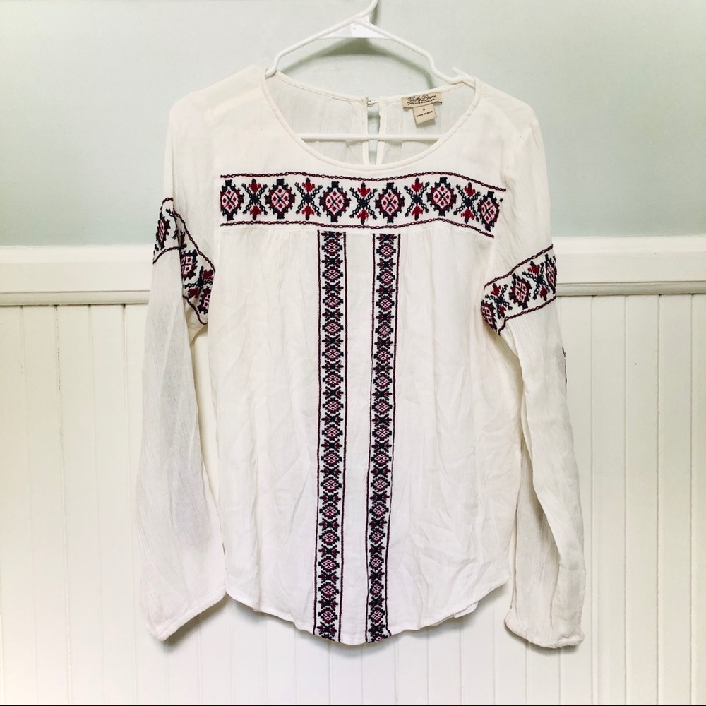 Lucky Brand White Crinkle Embroidered Long Sleeve Shirt